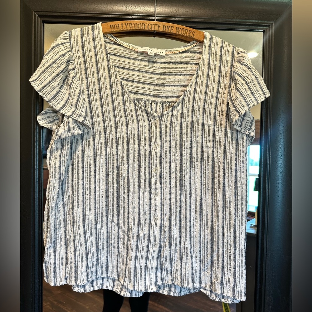 Jane and Delancey Blue & White Striped Short-Sleeve Button Blouse